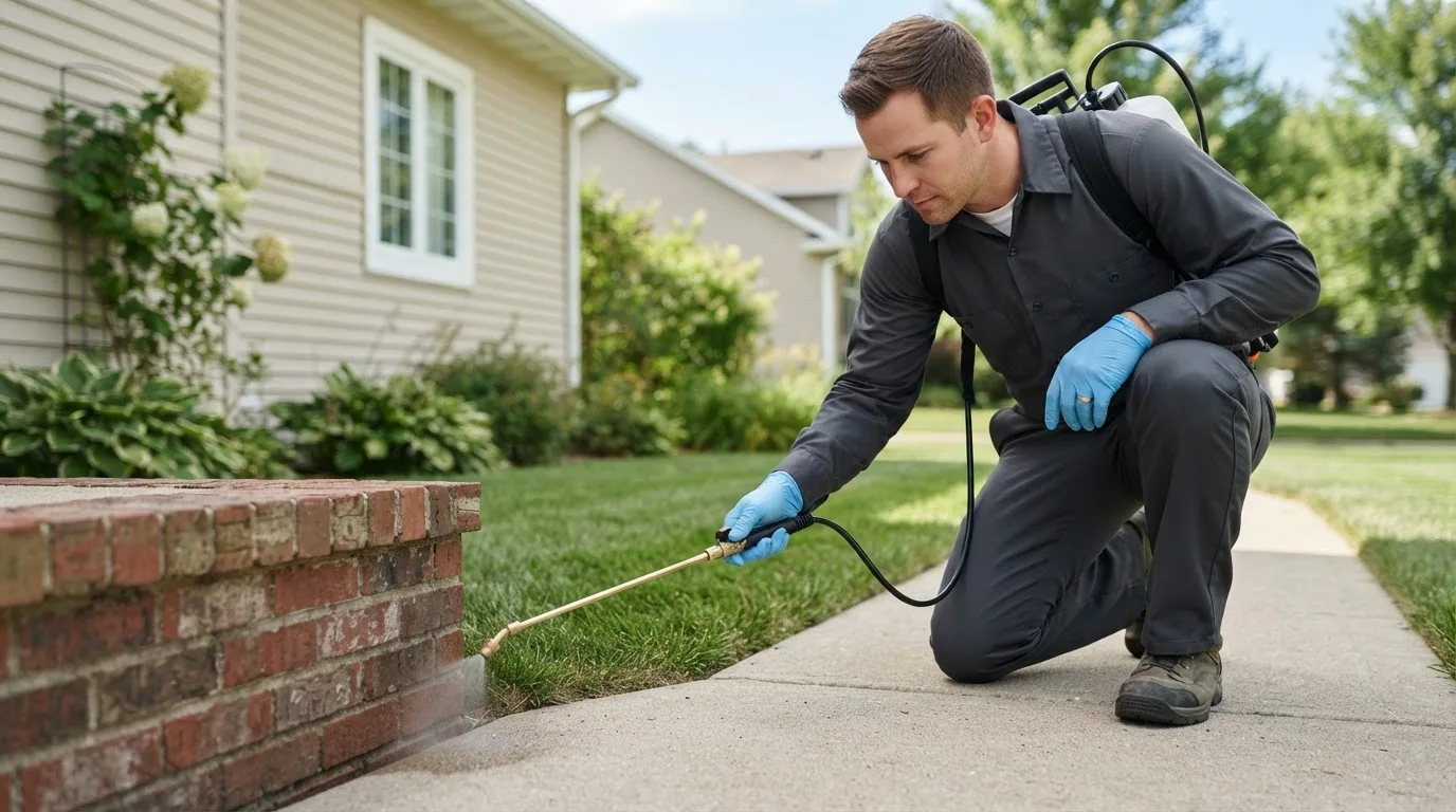 Pest control technician treating a home near Rosser, TX