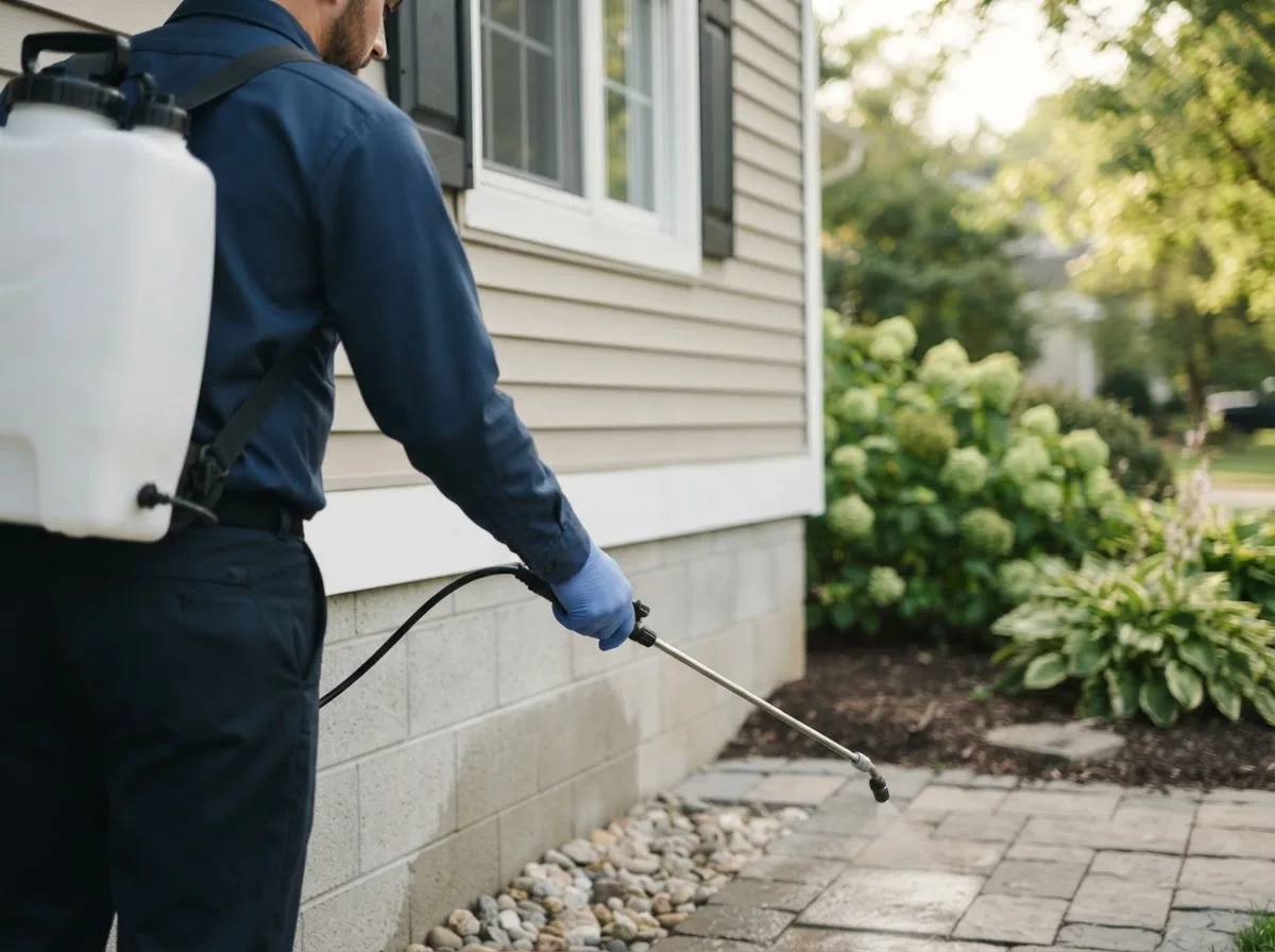Pest control technician inspecting a home in Rosser, TX